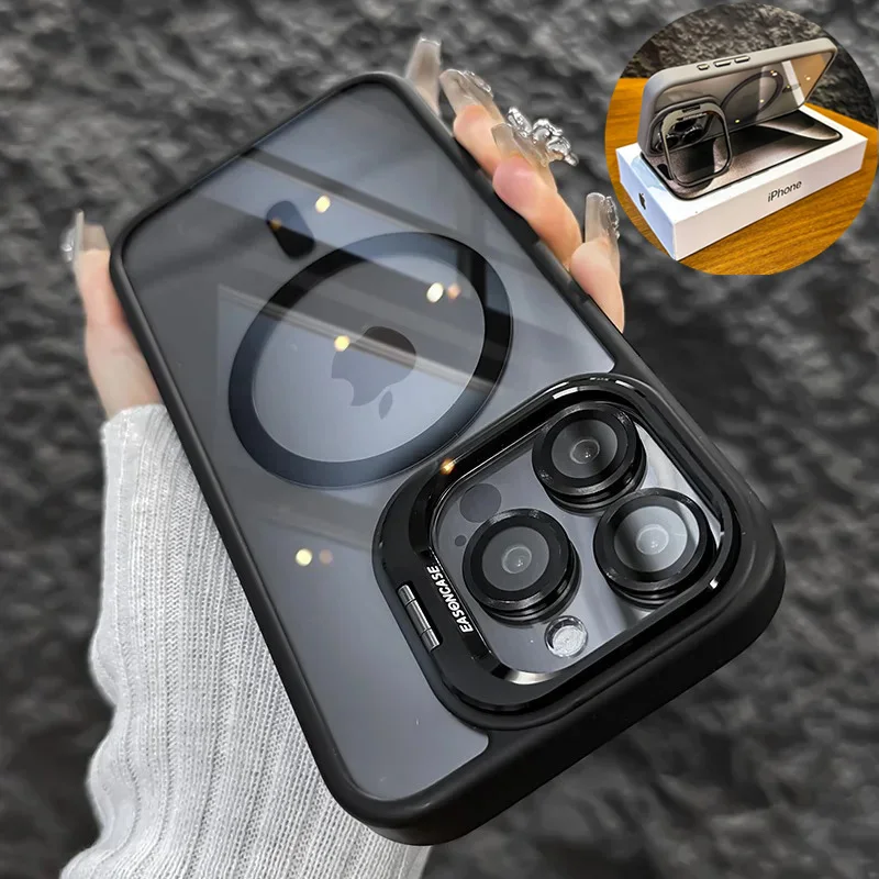 Luxusné puzdro na magnetické nárazy pre iPhone 16 15 14 13 12 11 Pro Max Funda Glass Glass Lens Ochrana 3 in 1 Stand Back Cover