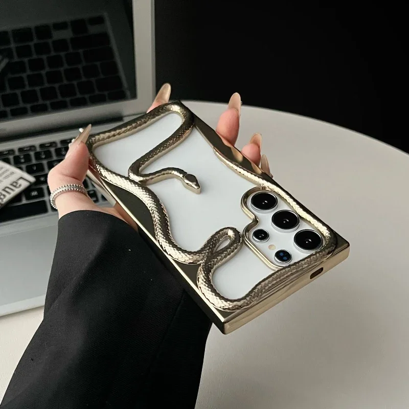 Luxusné puzdro pre 3D hadí s hadom pre samsung Galaxy S25 Ultra Electroplating pre Samsung S24 S23 S22 Ultra Silicon Case Case