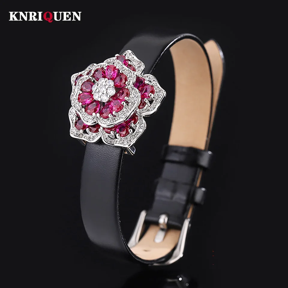 Luxusné rubínové smaragdové drahokamy Camellia náramok Rings Sady šperkov pre ženy Lab Diamond Cocktail Party Vintage Accessories Darček