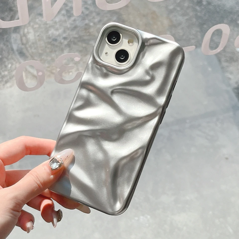 Luxusné strieborné 3D vodné zvlnenie vzoru telefónneho puzdra pre iPhone 16 15 14 13 12 11 11 Pro Max