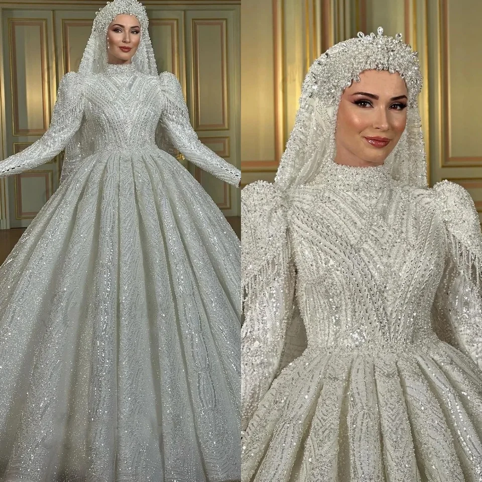Luxusné svadobné šaty Caped Ruckve Moslim Stredný východ Svadobné šaty korálky Tassel princezná nevesta šaty plus veľkosť