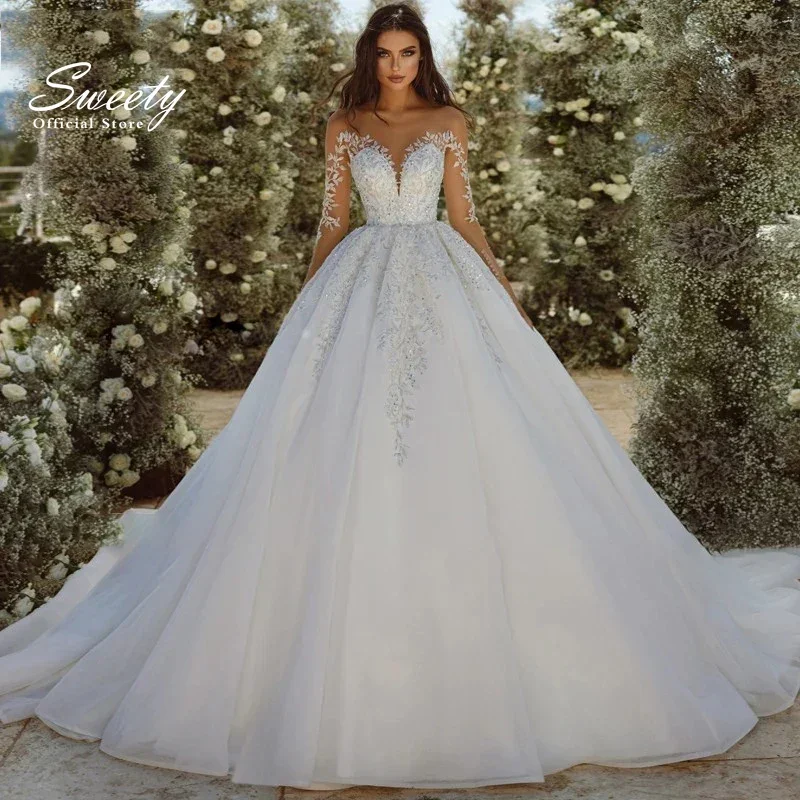 Luxusné svadobné šaty Organza s výšivkovou korálkou Princezná Ballgown Fullsleeve O-Neck Bride Button Vestido Denovia Prispôsobené
