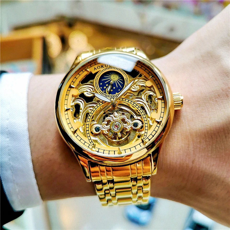 Luxusné zlaté hodinky pre mužov módna fáza fáza Tourbillon Skeleton Automatické mechanické hodinky z nehrdzavejúcej ocele Svetlo