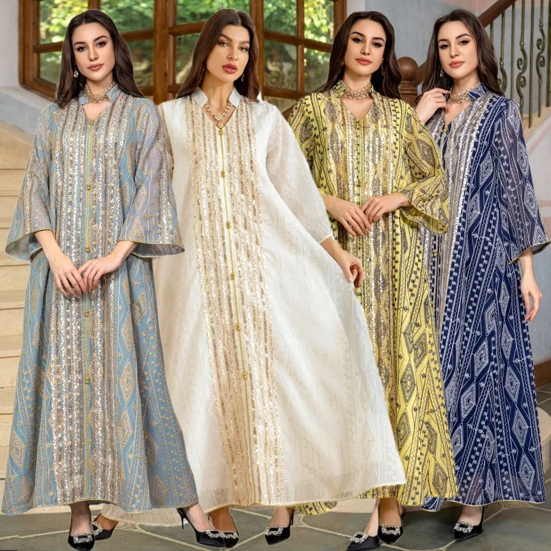 Luxusné šaty pre marocké párty pre ženy eid moslim abaya dubajské flitry rúž islamský kaftan arabské morčacie maxi ženské oblečenie