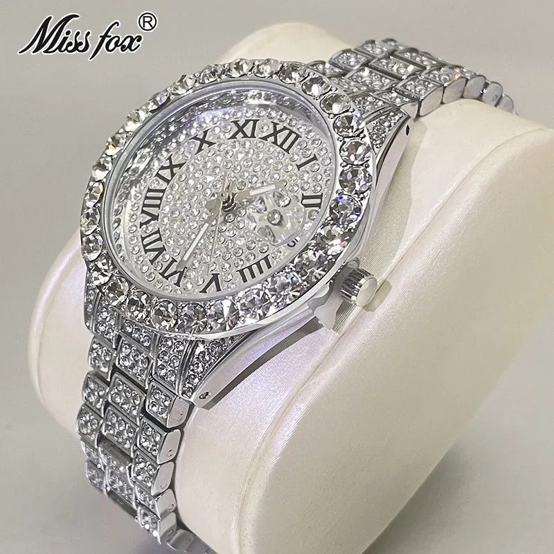 Luxusné šperky hodinky pre ženy hip hop značka Missfox Fashion Witerproof Iced Diamond Quartz náramok dám