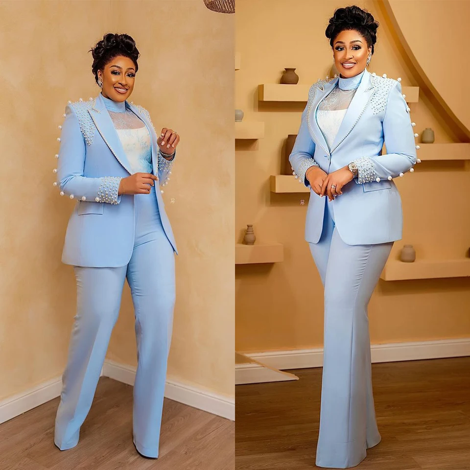 Luxusné ženské nohavice vyhovujú 2 ks plus veľkosť perlového korálkového sako Prispôsobené svadobné hosťovské obleky Formálne oblečenie na večeru Party Outfit