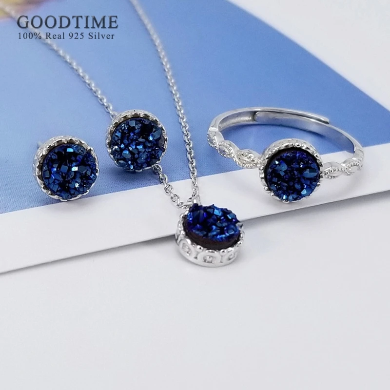 Luxusné ženy šperky sada Pure 925 Sterling Silver Round Blue Blue Zirkón Náušnice Náušnice Ring Crystal Set Darček pre priateľku