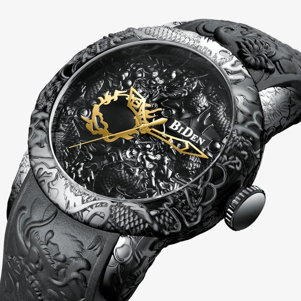 Luxusní muži Gold Watch 3D Dragon Vodotesná z nehrdzavejúcej ocele jedinečný tvorivý zlatý mužský gumový remienok Pánsky darček