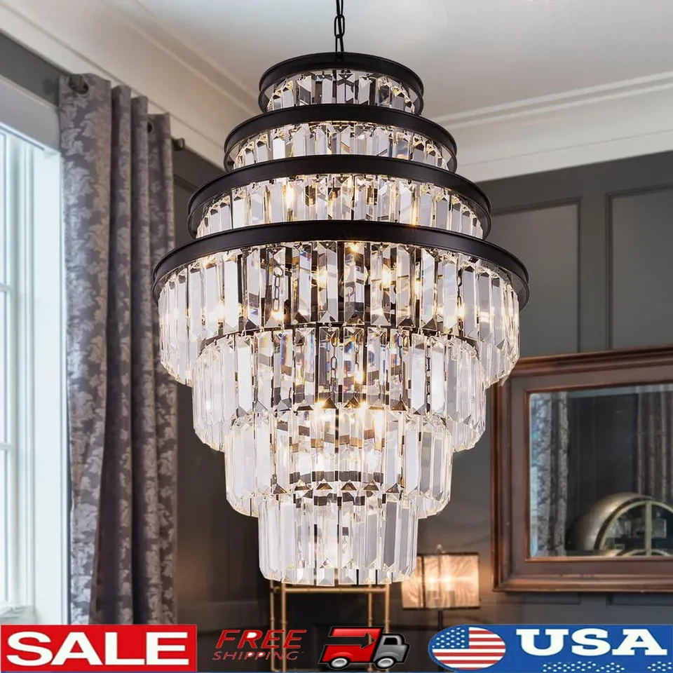Luxusný 7-stupňový vintage krištáľový luster obývacia časť/jedáleň/foyer/chodba veľká čierna veža štruktúra K9 Crystal Nastaviteľná výška