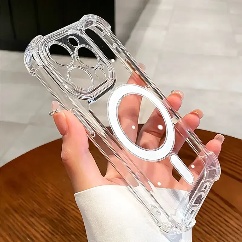 Luxusný airbag bezdrôtový nabíjanie priehľadné puzdro pre iPhone 15 16 14 13 11 12 Pro Max Plus magnetický mäkký nárazník pre Magsafe