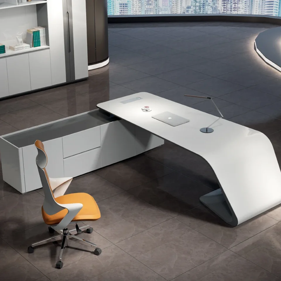 Luxusný biely lesklý generálny riaditeľ Ergonomic Corner Computer Home Executive Manager Desk s bočnými zásuvkami L-Shape Modern Office Table
