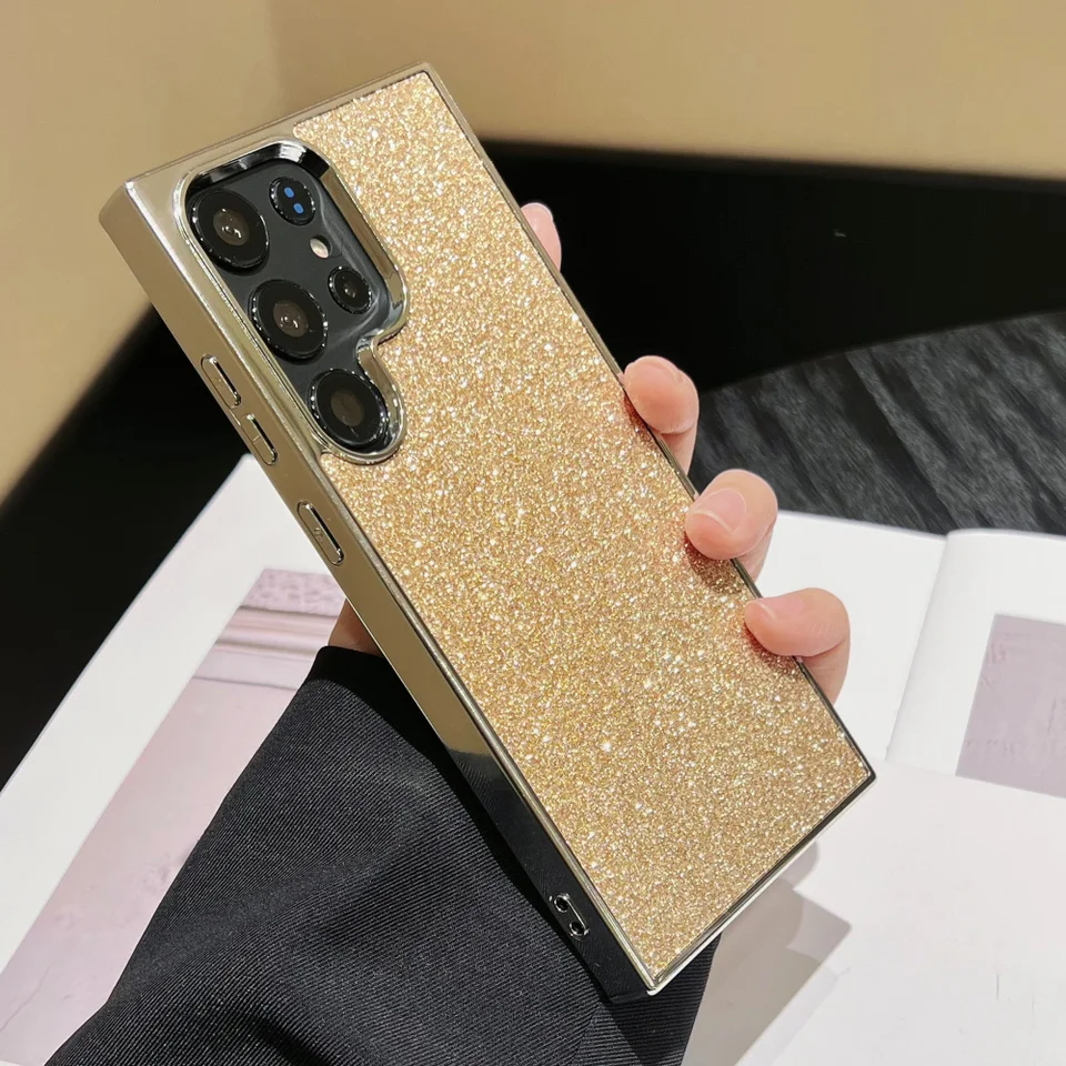 Luxusný bling trblietavý Gold Sliver Puzdro pre Samsung Galaxy S24 Ultra S23 Plus S22 Elektroplatický nárazový kryt nárazníka