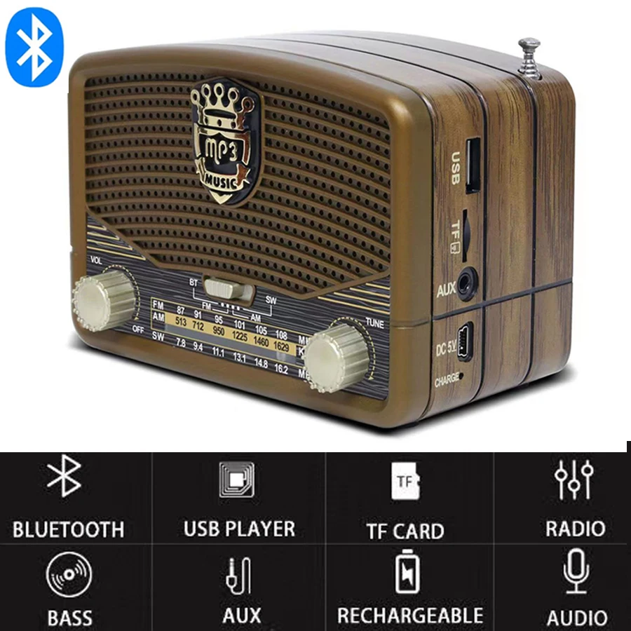 Luxusný dizajn bezdrôtového reproduktora Bluetooth Vintage Radio Radio Rehargeble FM/AM/SW Support USB/SD/TF HIFI STERERO MP3 prehrávač