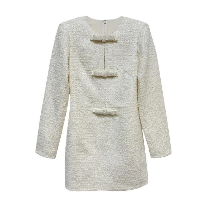 Luxusný dizajnér 2025 Spring Pearls Bow White Tweed Krátke šaty pre ženy vlnené dlhé rukávové párty jesenné šaty Lady