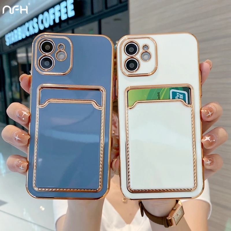 Luxusný držiteľ karty Silikónový puzdro pre iPhone 16 15 14 13 12 11 Pro XR XS Max 7 8 plus zlatý pokov na nárazník proti nárazu
