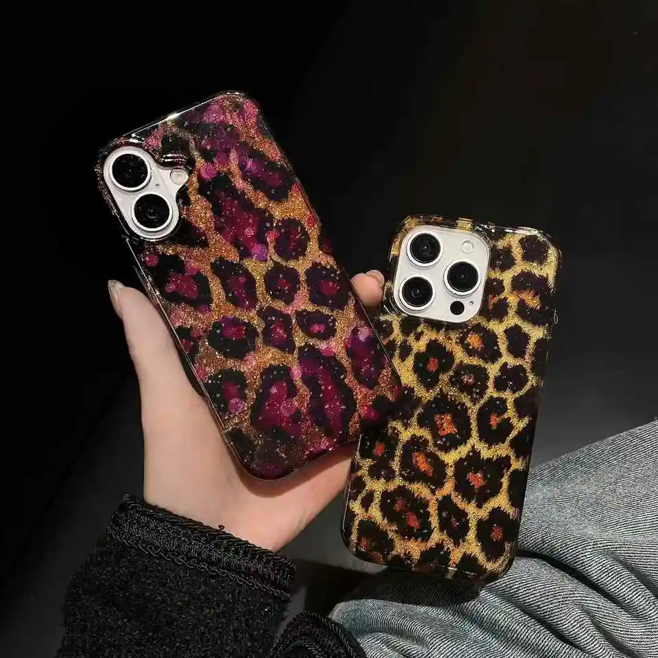 Luxusný leopardový tlač trblietky epoxidové nárazové puzdro pre ochranný telefón pre iPhone 16 15 14 13 12 12 Pro Max.