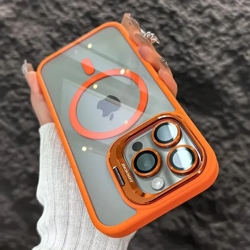 Luxusný magnetický nárazový puzdro pre telefón pre iPhone 16 15 14 13 12 11 Pro MAX 16 PLUS PRE MAGSAFE STAND Glass Glass Chránič obalu