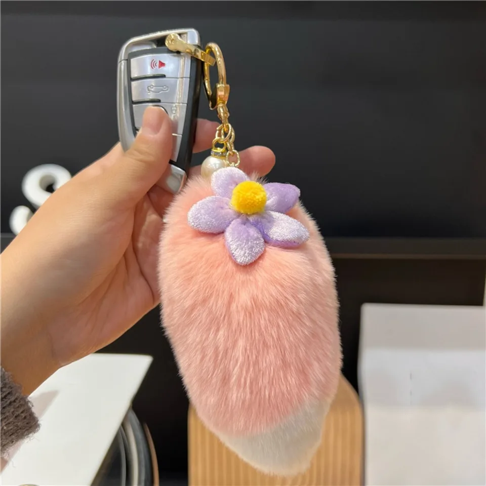 Luxusný našuchorený rex králičie kožušinové chvosty prívesok ružový kvetina zvieracie chvost Keychain Key