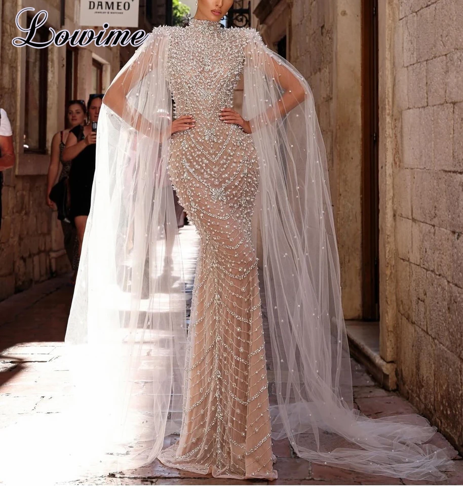 Luxusný plne ťažký ručne vyrábaný šijací večerné šaty Mermaid Vysoká módna celebrity šaty pre ženy Robes de Soirée Prispôsobené