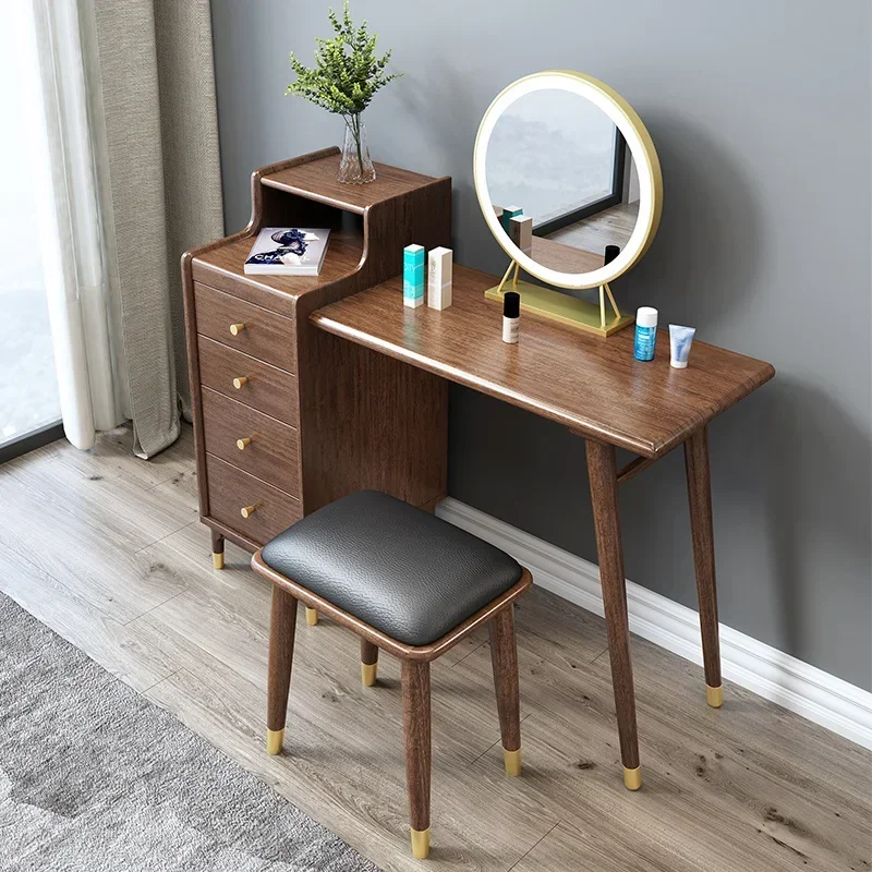 Luxusný rohový make -up márnosť stola, so zrkadlom LED a 6 priestrannými zásuvkami, s písaním laptopu dreveného toaletného stolíka