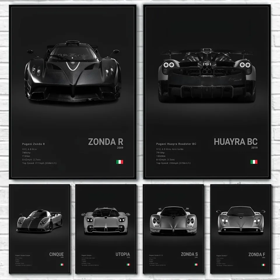 Luxusný slávny p-pagani supercar čierny huayra bc cinque zonda rsf plagát domov obývacia izba nástenná umenie garáž