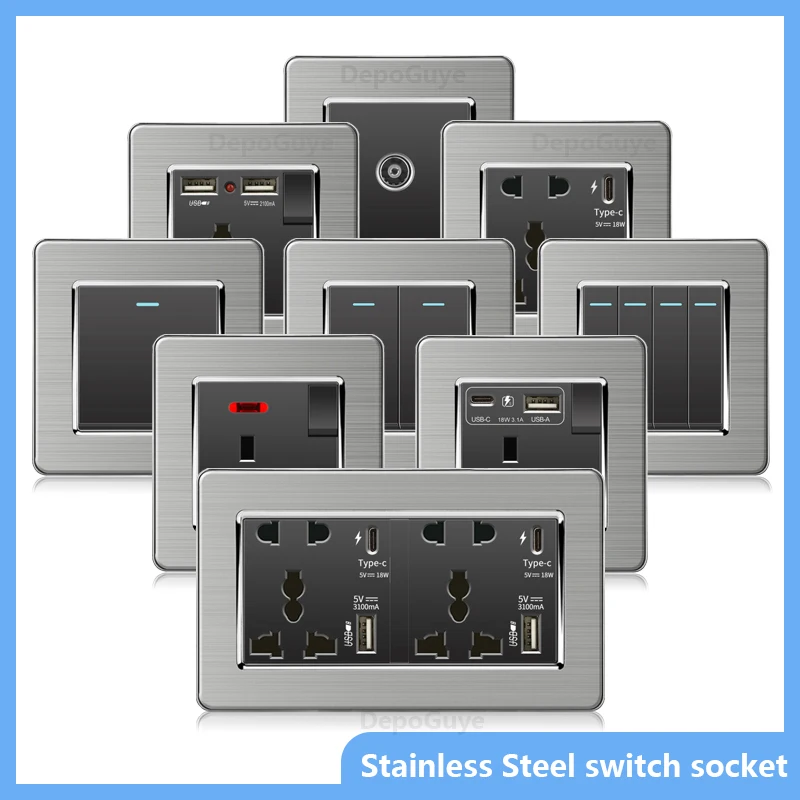 Luxusný spínač na stenu z nehrdzavejúcej ocele, Universal 5pin 18 W Type-C Rýchle nabíjanie, UK Štandardná svedok s dvojitým USB