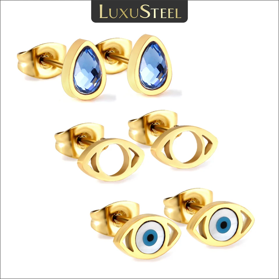 Luxusteel 3pairs/Set Evil Eyes Blue Water Drop Crystal Stud náušnice pre ženy z nehrdzavejúcej ocele Retro chrupavka Piercing šperky