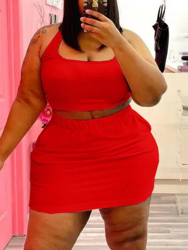 LW Basics Plus veľkosť y2k dvojdielne súpravy Príležitostne u krk elastické víno Červená dvojdielna sukňa sada sexy rave klub outfity pre ženy