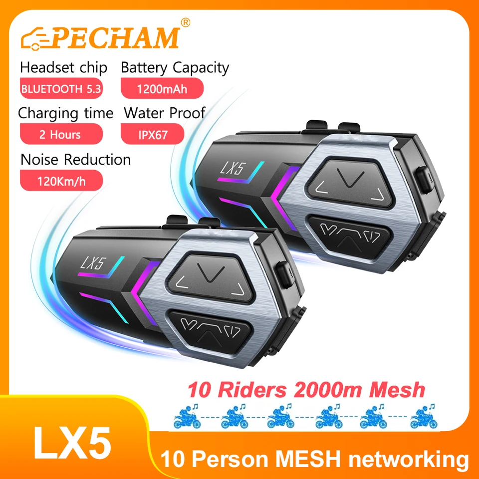 LX5 Motocyklové slúchadlá prilby sieťové interkom pre 10 jazdcov 2000 m Speak Speak, Bluetooth 5.3 a IP67 nepremokavé a 1200 mAh