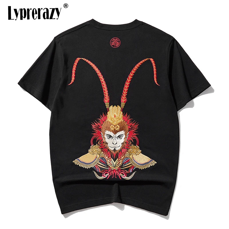 Lyprerazuzy pánsky letný čínsky štýl Monkey King King Sun Wukong vyšívané tričko s krátkym rukávom