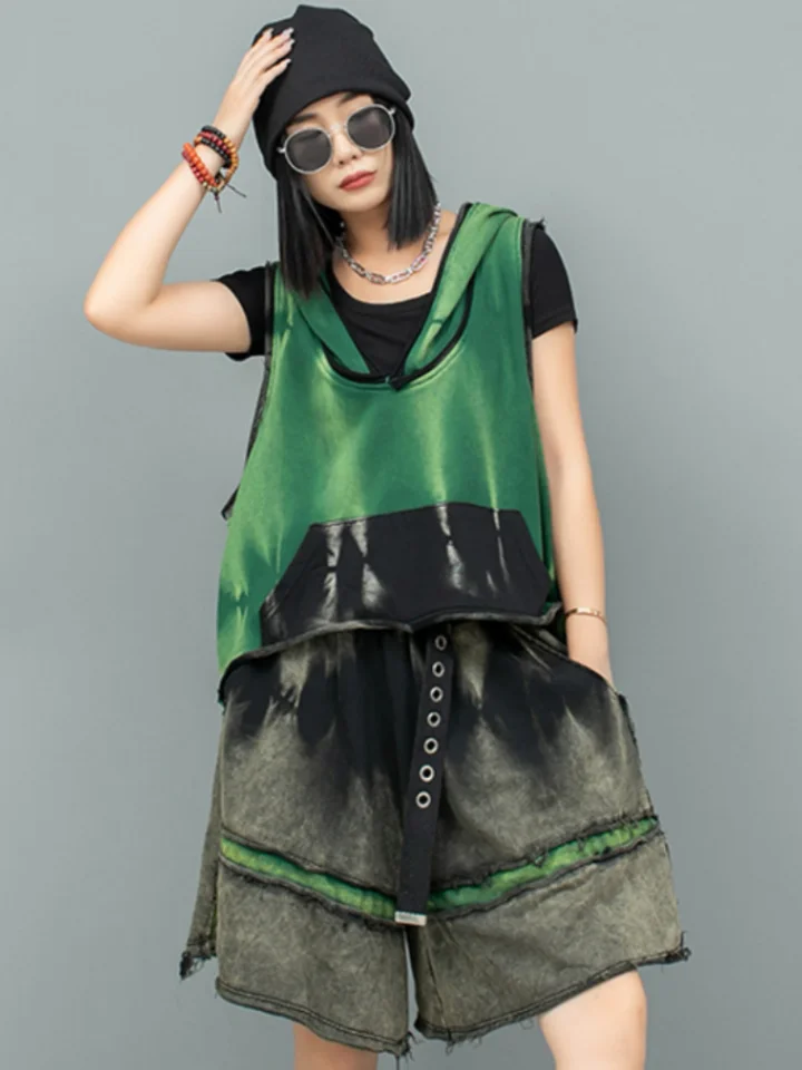 Lyuzhe 2025 Spring Autumn New Green Patchwork Ženy zodpovedajúce sady s kapucňou a šortky pre personalizovaný módny oblek Zxy538bf1