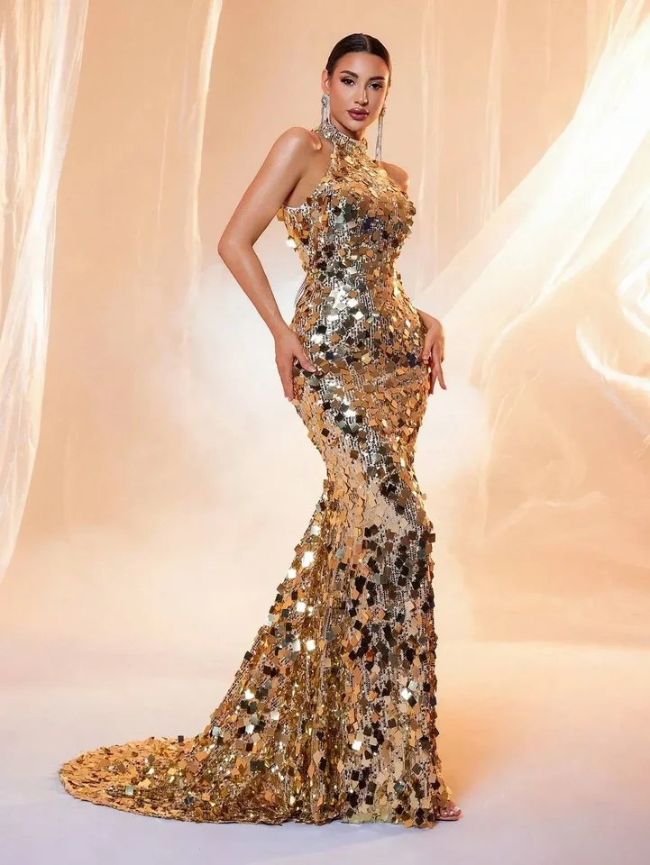 Láska a limonáda Sexy ohláňací krk Gold Frese Fliter Backless Maxi Evening Dress for Women Wholesale Dropshipping LM86444