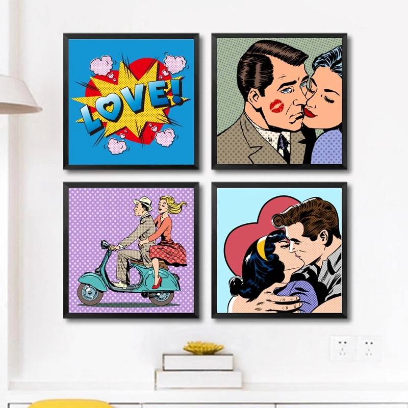 Láska kreslená výbuch Pop art bozkávanie pár retro štýl spálne nástenné umenie maľba maľba vintage plagáty a výtlačky dekorácie