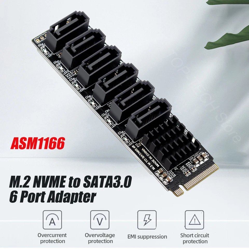 M.2 NVME PCI-E PCIE X4 X8 X16 až 6 Port 3.0 Risíka adaptéra SATA III ASM1166 6GB/S