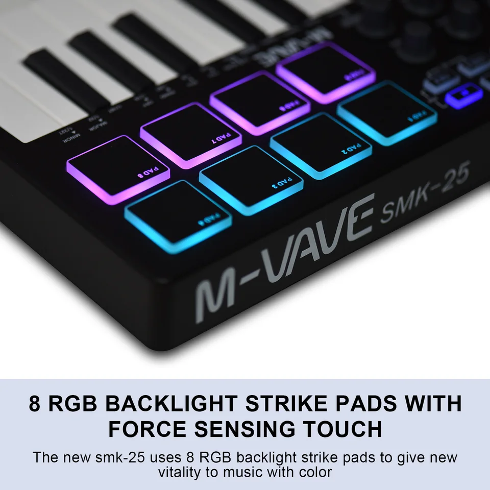 M-VAVE 25-Key MIDI Control Keyboard Prenosná USB klávesnica MIDI Controller s 25 kľúcmi klávesnicami rýchlosti 8 rgb podsvietené podložky