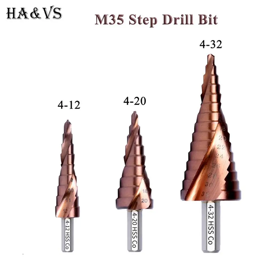 M35 5% Cobalt HSS Step Bit Bit Bit HSS Co vysokorýchlostný oceľový kužeľový trojuholník stopka Kovové vŕtacie bity s nástrojmi Set otvor pre škvrny pre škvrny