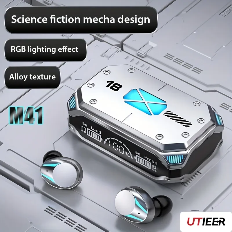 M41 Wireless Bluetooth Digital Digital Display in-uši Športové kovové textúra Mecha veterný veterný oslňový farebný svetlo Magnetické sanie