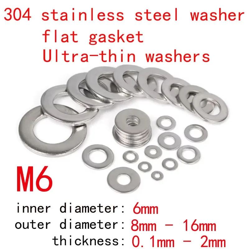 M6 304 z nehrdzavejúcej ocele Ploché tesnenia Ultra tenké okrúhle tesniace tesnenie 6 mm ID 8 mm-16 mm OD 0,1 mm-2 mm hrúbka