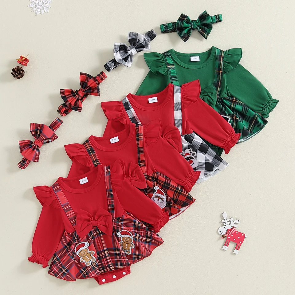 MA & Baby 0-18M Novorodenecké dieťa Dievčatá Romper s dlhým rukávom Santa Gingerbread Man Plaid Shipsuit Headband outfit vianočné kostýmy