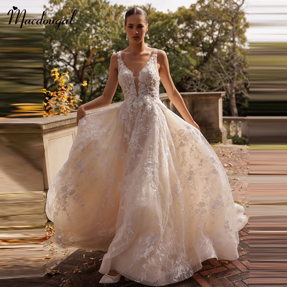 MacDougal Bohe Backless Svadobné šaty pre ženy Aplikácie špagety popruhy v krku svadobné šaty robe de mariee prispôsobené