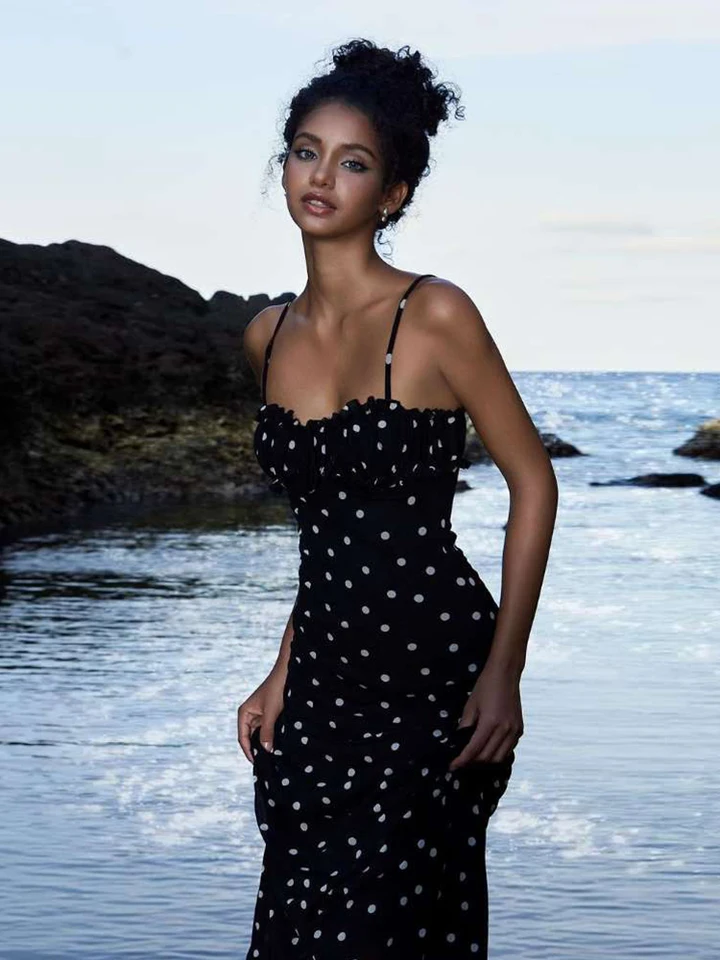 Macheda Polka Dots Tlač šaty Ženy 2025 Letný trend špagety remienok bez rukávov dovolenka Hodina Skinny Elegant Clubwear Long Bodycon