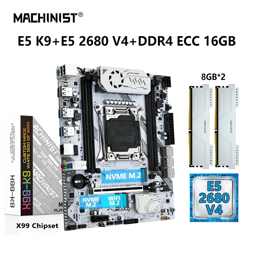 Machinista X99 K9 Combo Combo Xeon E5 2680 V4 CPU Kit LGA2011-3 procesor 16 GB DDR4 ECC RAM MAMENE NVME M.2 WIFI USB 3.0