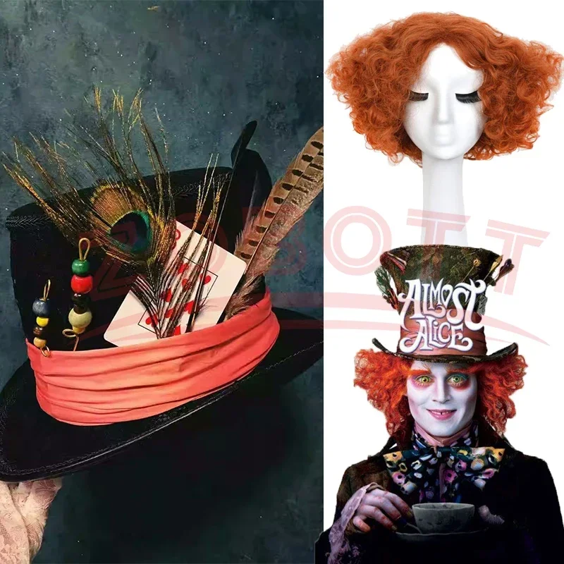 Mad Hatter Parochne krátke oranžové červené kučeravé parochňa Alice v ríši divov 2 Halloween Carnival Party Cosplay a klobúky M70