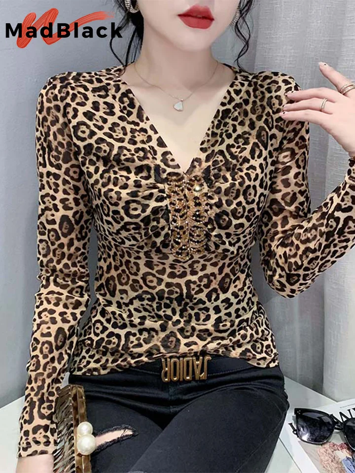 Madblack European Clothes Tshirts Dámske v krku Diamonds leopard štíhle pletivo Top s dlhým rukávom TEES Autumn Winter T43109JM