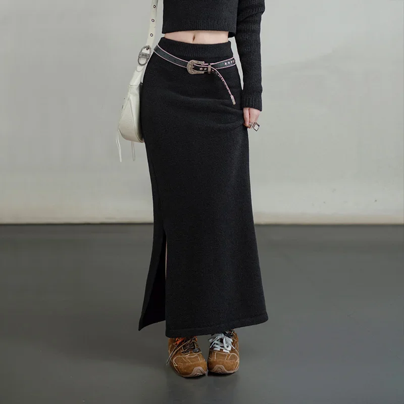Maden Retro pletená sukňa Slid Color Slit Fit s jednou stratou štrbenou všestrannou sukňou pre dámsku jeseň a zimu