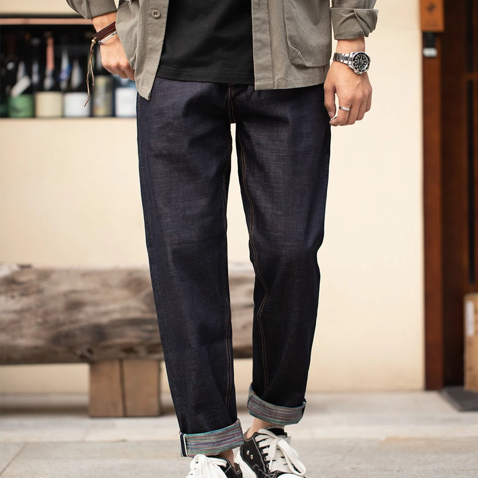 Maden Vintage farebné bavlnené surové džínsové džínsy pre mužov 13,5 oz Selvedge Džínsy stredné pásové priame nohavice na ulici