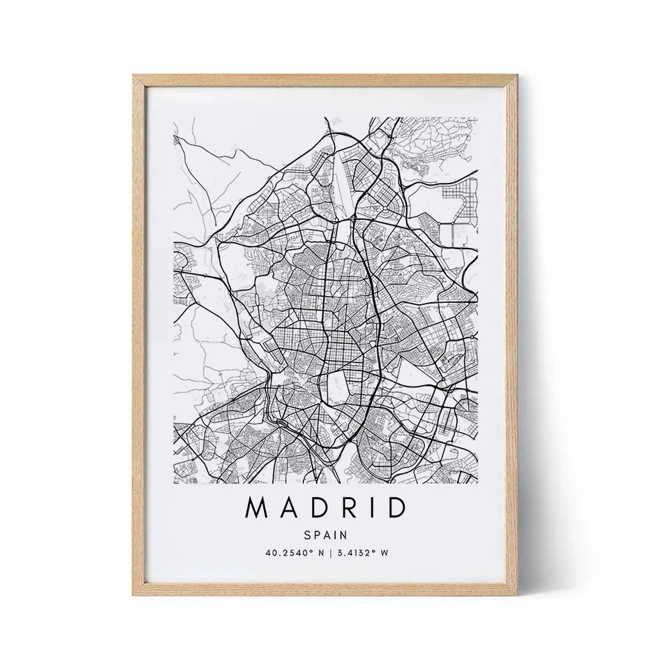 Madrid mapa plátno tlač Minimalistické nástenné umenie Nordické plagáty a výtlačky Vlastné Španielske mapa City map Pictures pre obývaciu izbu pre obývaciu izbu
