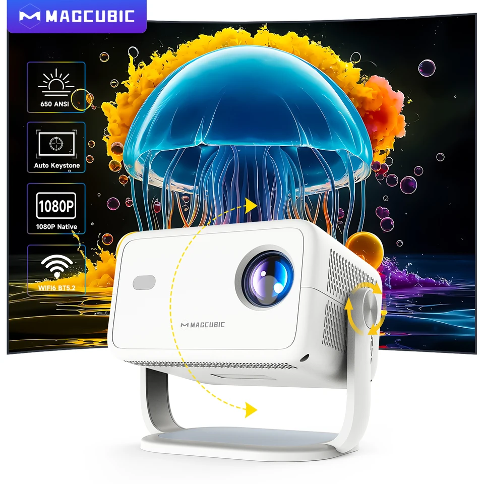 Magcubic Native 1080p 650ansi 4K Android 11 L018 360 ° Projektor s automatickým kľúčovým zaostrením vzduchovej myši WiFi6 BT5.2 Prenosný vonkajší vonkajší výkon