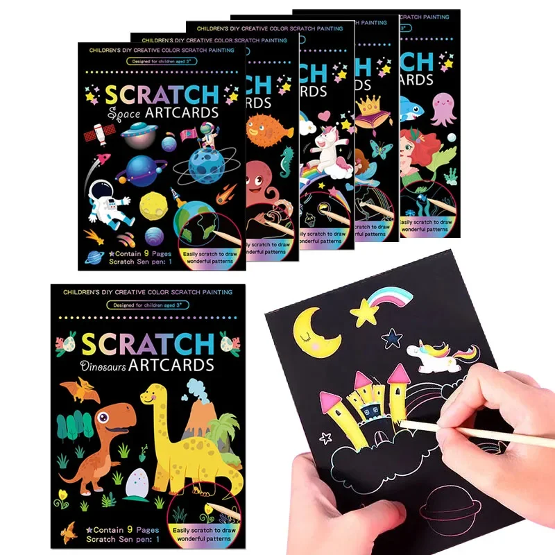 Magic Rainbow Color Scratch Art Painting Paper Card Kit karikatúra Dinosaurus Rodinná doska Kids DEY Vzdelávacie hračky Vianočné hračky