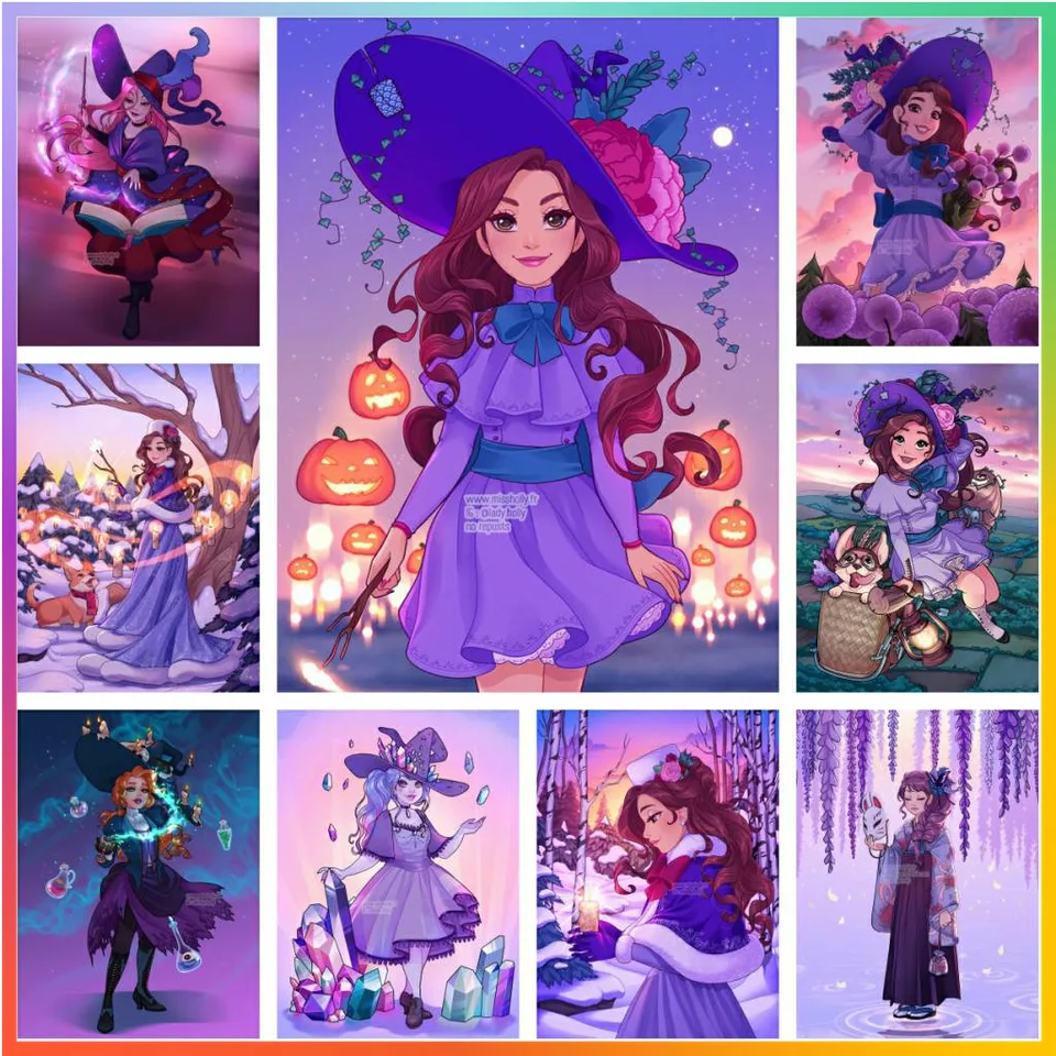 Magic Witch Girl Cross Stitch Diamond Painting Pixel Pattern Creation Creasts 5D DIY Art Mosaic Wall Decor